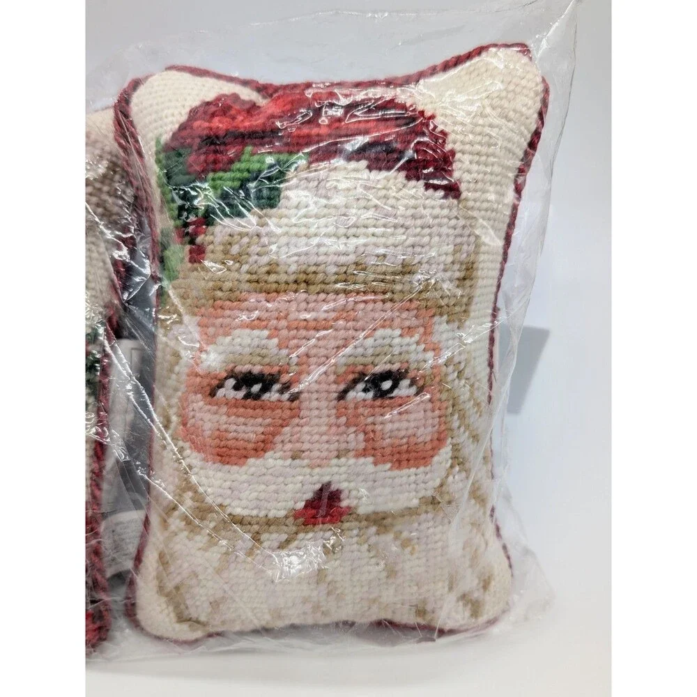 NEW 3 Wool Needlepoint Christmas Door Pillows Hanging Santa Angel 7
